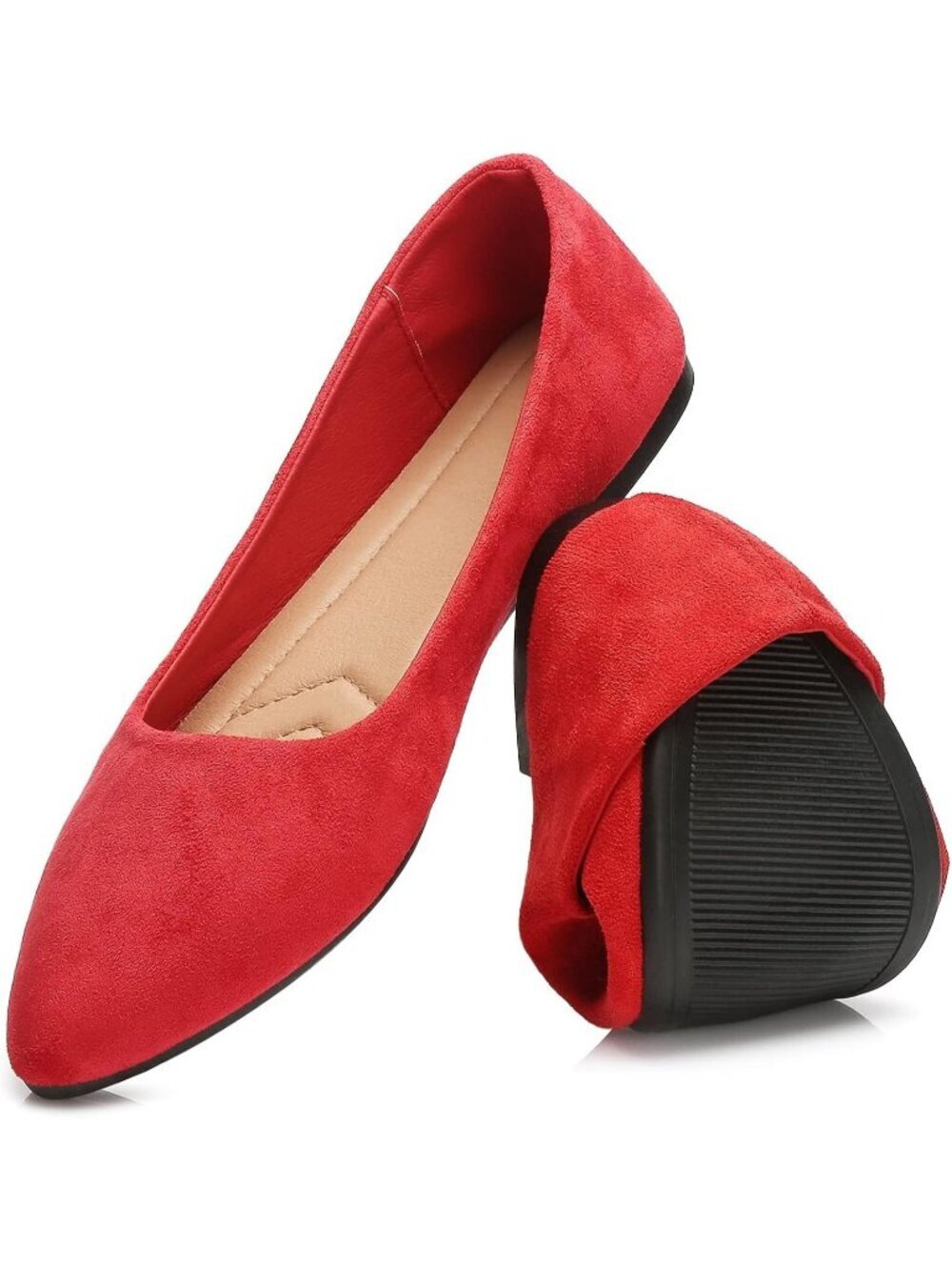 Women’s Red Flats Comfortable Suede Pointed Toe Slip On Casual Ballet Flat Shoes